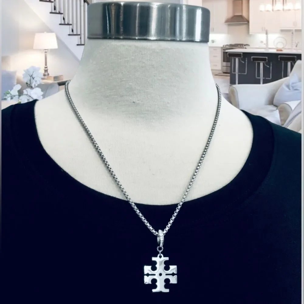 TORY BURCH STATEMENT SILVER DOUBLE T LOGO NECKLACE